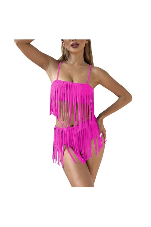 Women Fringe Trim Two Piece Swimsuits Sexy Square Neck Spaghetti Strap Sleeveless Bathing Suits High Waist Swimwear Hot Pink XL