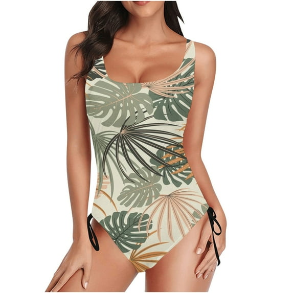 UTSJKR Women One Piece Swimsuit 2025 Fashion Tropical Plant Print Bathing Suits Summer Vacation Straps Beach Monokini Swimwear Brown M