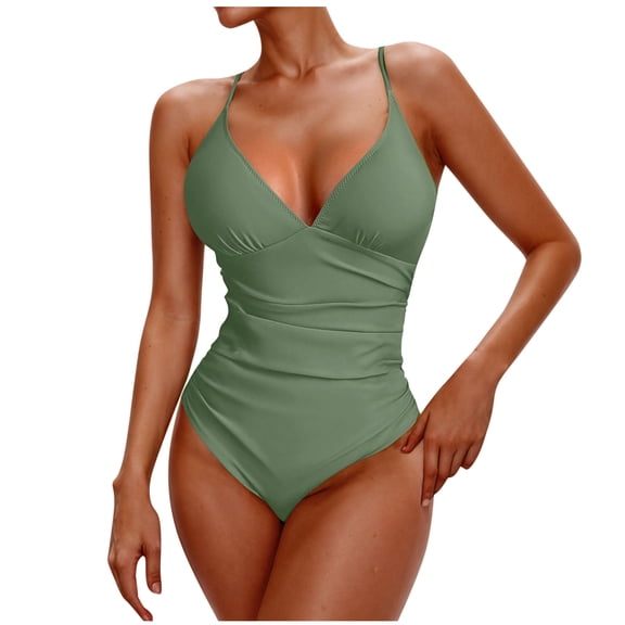 UTSJKR Women One Piece Swimsuits Slimming Tummy Control High Waisted Ruched 1 Piece Bathing Suits Spaghetti Strap Swimsuits Army Green XL