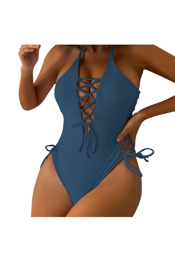 Women Sexy Lace Up One Piece Swimsuit Back Cross Straps Deep Plunge V Neck High Cut Bathing Suits Gray 8-10