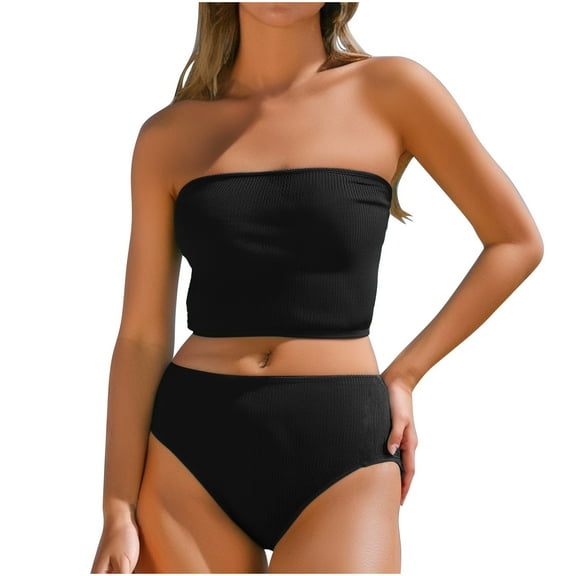 UTSJKR Women Strapless Bikini Set High Waisted Tummy Control Swimsuit Ribbed 2 Piece Y2K Summer Cute Bathing Suit Black M