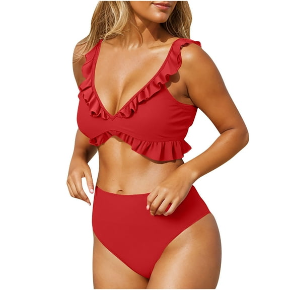 UTSJKR Women's 2 Piece Bikini Set Ruffle Trim Bathing Suit Deep V Neck Tie Back High Waisted Swimsuit Cutout Swimwear Red S
