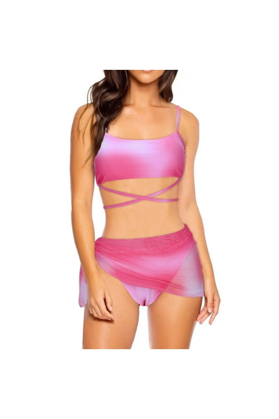 Women's Adjustable Spaghetti Straps Strappy Bikini Swimsuits, 3 Pieces Triangle Bottoms with Mesh Skirt Bathing Suit Hot Pink L