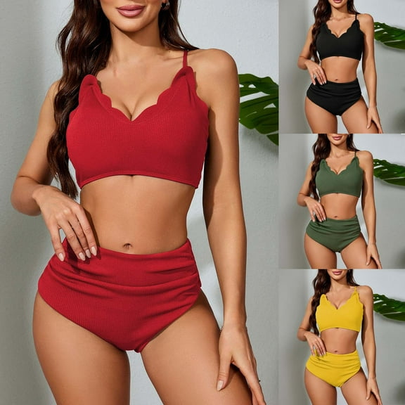 UTSJKR Women's Crisscross Ruched High Waisted Bottom Bikini Set Two Piece Swimsuit Tankini for Women Beach Wave Trim Cami Bra & Tummy Control Ruched Thong Bikini Sets Red 8-12