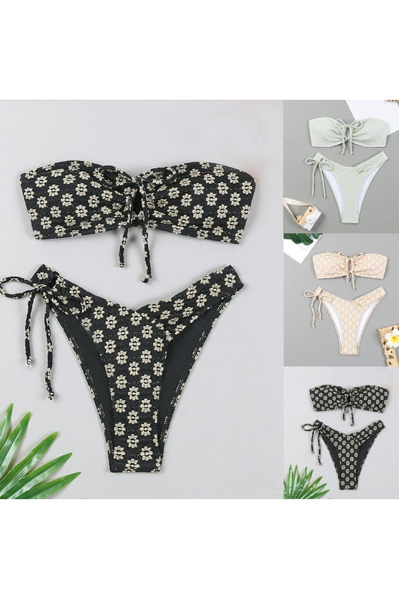 Women's Floral Jacquard Bandeau Bikini Set Drawstring Tie High Cut Bikini Swimsuit Bikini Beach Bikini Suit Shorts Set for Women Beige S
