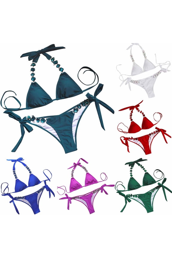 Women's Halter Bikini Swimsuit Two Piece Rhinestone Bikini Set Bikini Bathing Suit Crystal Side Bottom Triangle Bikini Halter Swimsuits Mint Green 8-10
