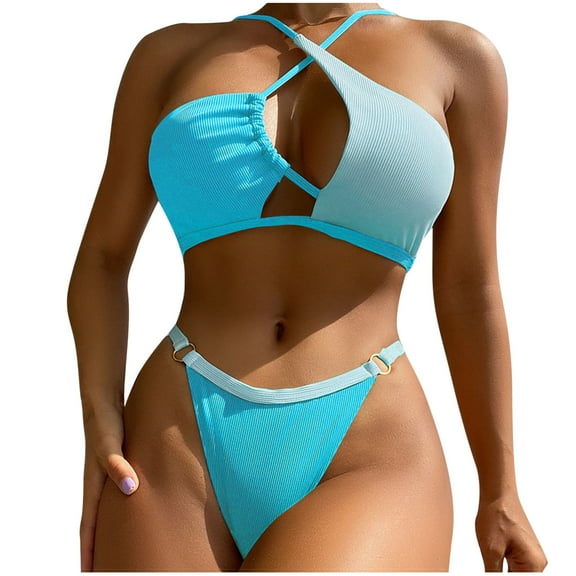 UTSJKR Women's High Waisted Bikini Sets Patchwork Cross Hollow Push Up Bra Swimsuits Full Coverage Two Piece Bathing Suits Sky Blue M
