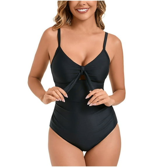 UTSJKR Women's One Piece Swimsuit Front Bow Tie Scoop Neck Adjustable Straps Cutout Bathing Suit Tummy Control Swimwear Black XL