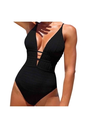 Women's One Piece Swimsuit Tummy Control Bathing Suits V Neck Swimwear Sexy Monokini Cut Out Cross Backless High Cut Bathing Suit Black 4-6