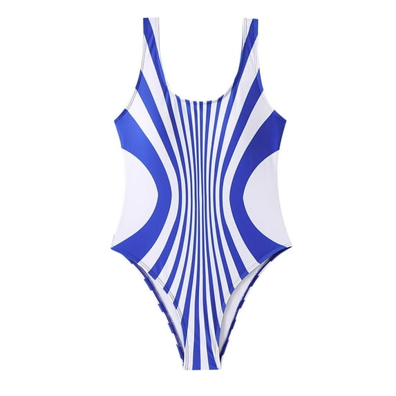 UTSJKR Women's Retro Scoop Neck Padded One Piece Swimsuits High Cut Low Back Bathing Suits Swimwear Bodysuit Blue M