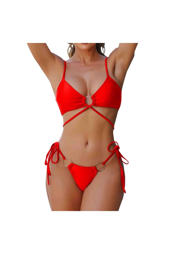 Women's String Bikini Set Tie Front Two Piece Swimsuit Cheeky O-Ring Side Tie Bathing Suits Fashion Beach Swimwear Red 8-10
