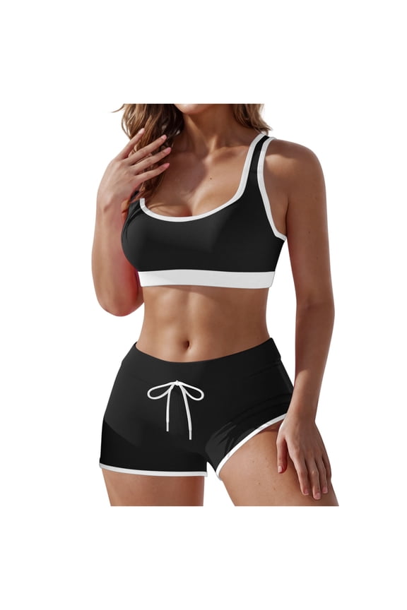 Women's Tankini Swimsuit Colorblock Sporty Bathing Suits High Waisted Boyshorts Two Piece Tummy Control Swimwear Black M