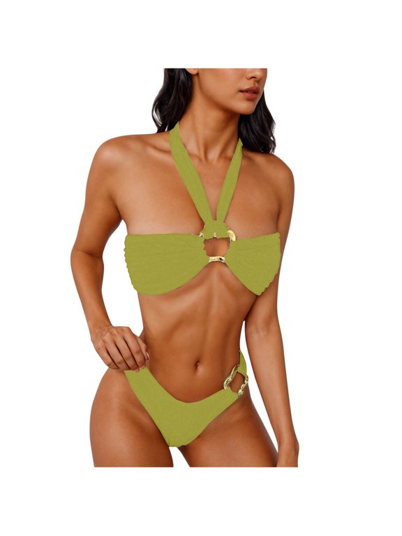 Women's Twisted Ruched Bikini Sets Two Piece Swimsuits Sexy Halter Cheeky Bathing Suits for Summer Beach Green S
