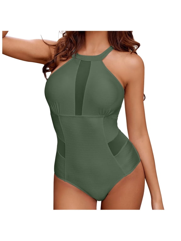 Womens Sexy Mesh One Piece Swimsuits Sexy See Through High Neck Monokini Swimwear Beachwear Hollow Out Bathing Suit Green 10