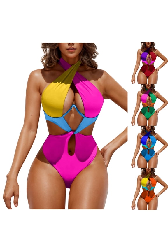 Womens Sexy One Piece Swimsuit Cut Out Criss Cross Bathing Suit Thong Monokini Colorblock Underwire Halter Swimwear Blue XL