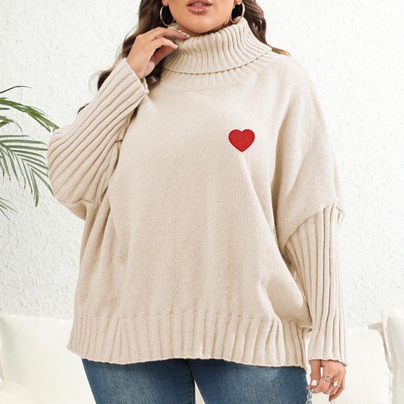 wycnly Sweater for Women Winter Womens Turtleneck Sweater Long Sleeve Plus Size Comfort Knitted Pullover Tunic Fashion Heart Print Ladies Girls Sweater Tops
