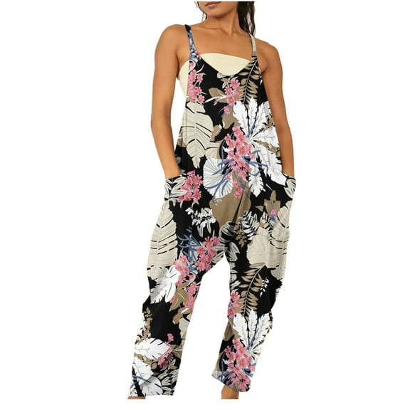 Usmixi Jumpsuits for Women Loose Wide Leg Spaghetti Strap Long Jumpsuits Overalls with Pocket Summer Fashion Leopard Print V-Neck Sleeveless Maxi Rompers Dark Gray s