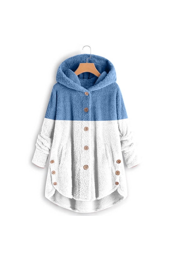 Usmixi Winter Womens Plush Coat Womens Plush Overcoat Plus Size Button Irregular Hem Cozy Fuzzy Fleece Coat Fashion Color Block Pocket Hooded Outerwear 2023 Plush Coat