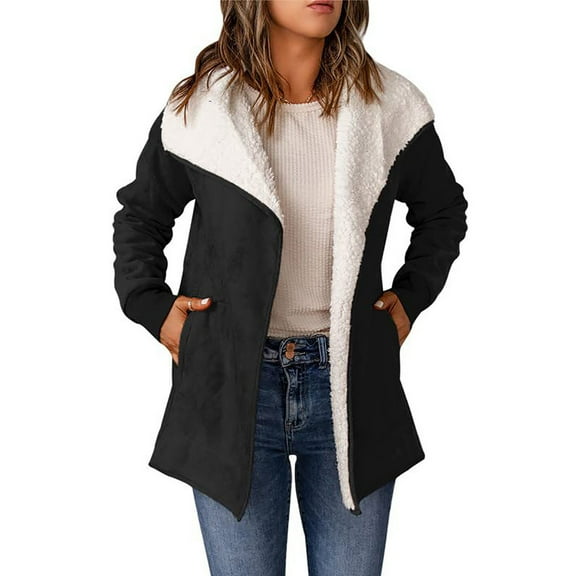Usmixi Womens Fleece Coat Faux Suede Jacket for Women Casual Solid Long Sleeve Hooded Trench Coat Soft Cozy Plush Padded Warm Outwear with Pocket Winter Fleece Coat