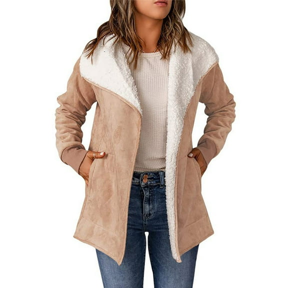 Usmixi Womens Fleece Coat Faux Suede Jacket for Women Casual Solid Long Sleeve Hooded Trench Coat Soft Cozy Plush Padded Warm Outwear with Pocket Winter Fleece Coat