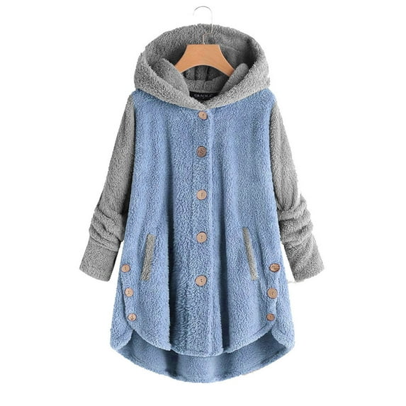 wycnly Womens Plush Coat Plush Overcoat for Women Fashion Color Patchwork Button Down Hooded Sweatshirt Outwear Cozy Fuzzy Fleece Coats with Pocket Winter Plush Coat