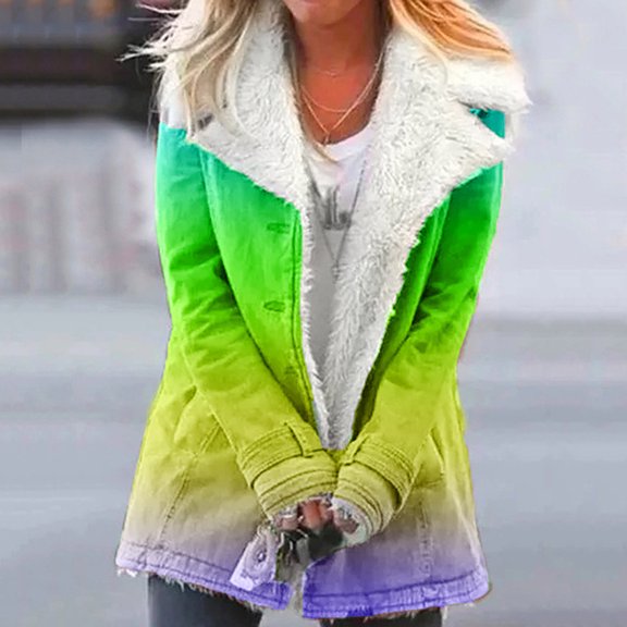 Usmixi Womens Plush Coat Womens Gradient Coats Warm Thickened Cozy Plush Padded Overcoat Long Sleeve Button Down Lapel Loose Outerwear with Pocket Winter Plush Coat