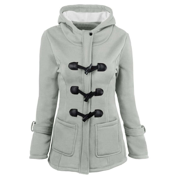 Usmixi Womens Winter Hooded Coat Casual Coat for Women Long Sleeve Warm Thickened Padded Jacket Fashion Horn Button Solid Cotton Outwear with Pocket Hooded Coat