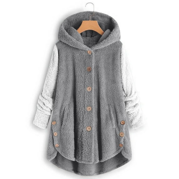 Usmixi Womens Winter Plush Coat Plus Size Hooded Overcoat for Women Fashion Color Patchwork Button Irregular Hem Outwear Cozy Fuzzy Fleece Coats with Pocket Plush Coat