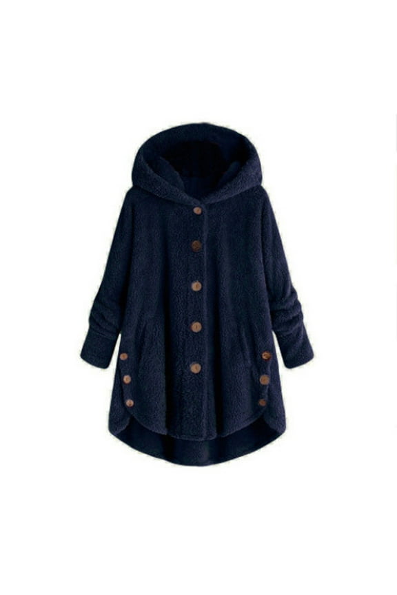 Usmixi Womens Winter Plush Coat Womens Plush Overcoats Plus Size Casual Solid Fluffy Fleece Hooded Coats Button Down Irregular Hem Sweater Outerwear Plush Coat