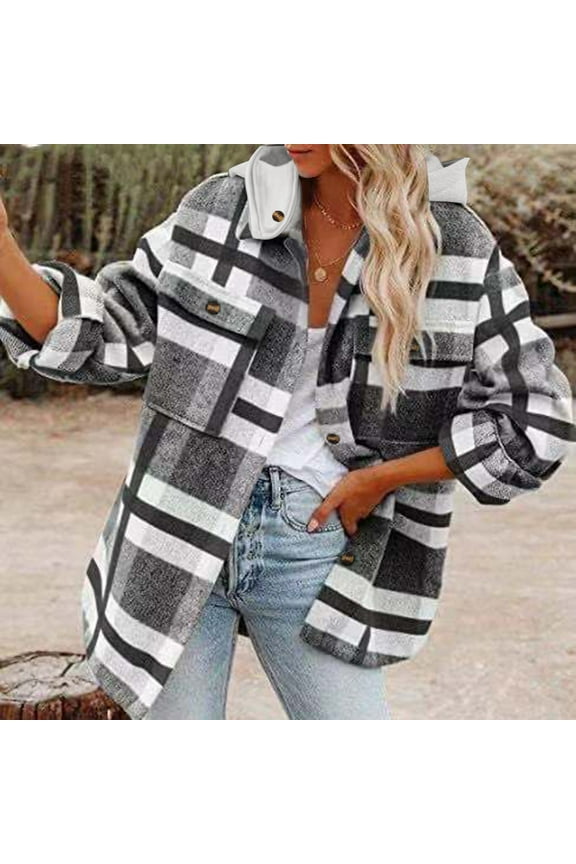 Usmixi Womens Winter Wool Jacket Womens Plaid Jacket Long Sleeve Button up Cozy Flannel Shirt Coat Loose Casual Hooded Shacket Outerwear with Pocket 2023 Wool Jacket