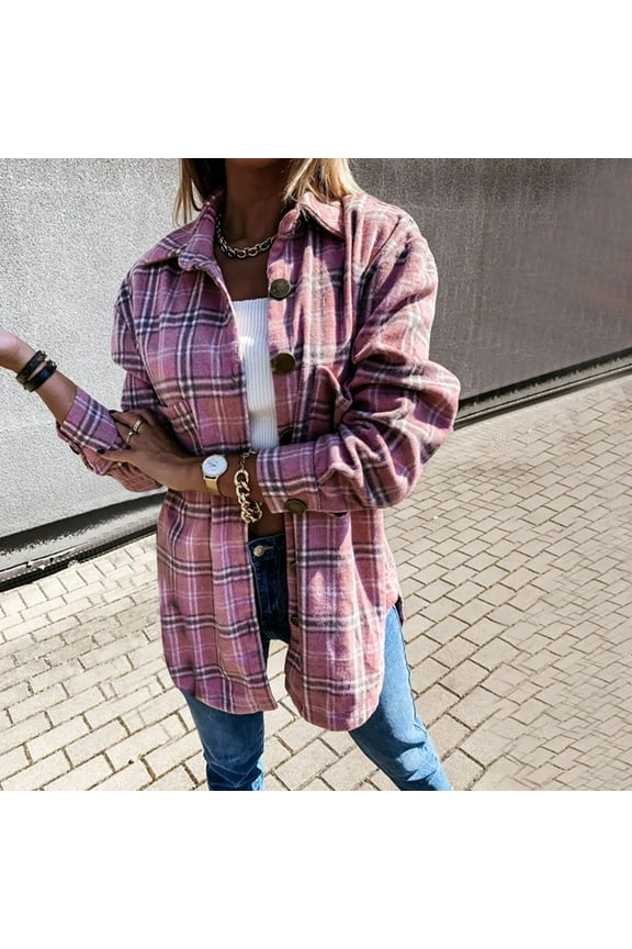 Usmixi Womens Wool Coat Womens Plaid Jacket Long Sleeve Button Down Lapel Cozy Flannel Shirt Coat Ladies Loose Fashion Shacket with Pocket Winter Wool Coat