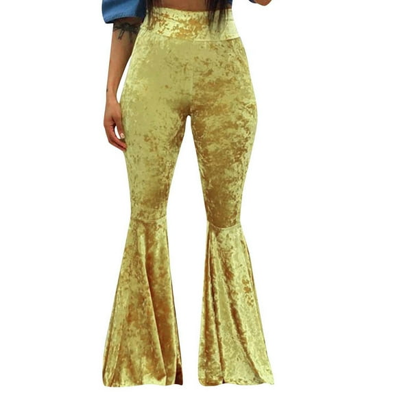 Velvet Flare Leg Pants for Women High Waisted Slim Fit Stretchy Full Length Trendy Pants Solid Color Trousers Yellow,S