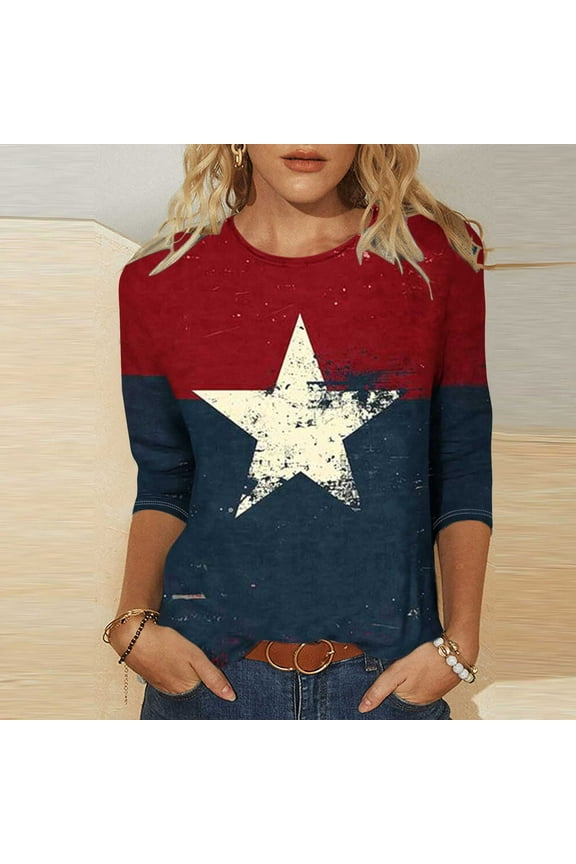 4Th of July Shirts for Women 3/4 Sleeve American Flag Shirt Usa Patriotic T-Shirt Stras Striped Summer Fashion Tops Tunic Crew Neck Blouses