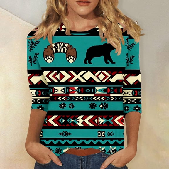 Cagogo Aztec Western Tshirt for Womens Summer Spring Tops Under $5 Casual 3/4 Sleeve Vintage Round Neck Ethnic Style T-Shirts Trendy Summer Green Shirts Clothes