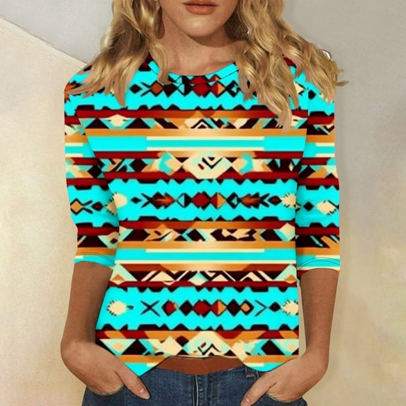 Cagogo Casual Aztec Western Tunic Tops for Women Under $5 Summer 3/4 Sleeve Vintage Round Neck Ethnic Style Shirt 2025 Vacation Green Tshirt Outfits Graduation Gifts