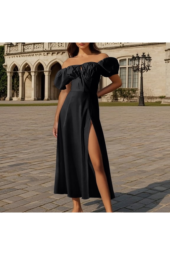 Ladies Plus Size Flowy A Line Long Split Maxi Sundresses Summer Corset Milkmaid Vacation Dresses Puff Sleeve Off Shoulder Bohemian Black Vestidos de Verano para Mujer