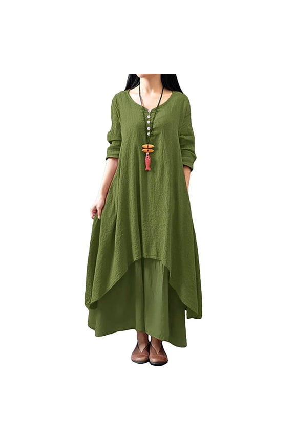 Ladies Summer Spring Half Sleeve Curvy Dresses Under $10 Plus Size Irregular Hem Flowy Cotton Linen Long Dress Crewneck Button Maxi Elegant Black Church Dress