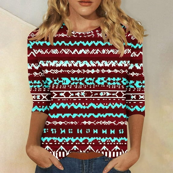 Cagogo Ladies Tunic Tops Summer Under $5 Loose Fitting 3/4 Sleeve Vintage Aztec Western Round Neck Ethnic Style Tshirts Shirts Business Work White T Shirts Clothes