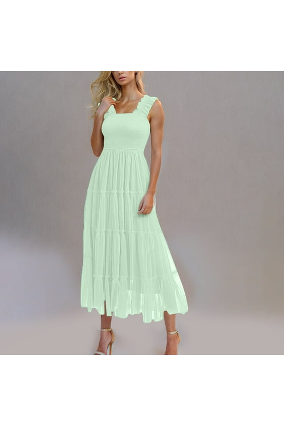 Summer Midi Tulle Dresses for Women Flowy Swing Square Neck Trendy Church Graduation Dress Sleeveless Ruffle Tiered Smocked 2025 Holiday Vacation Dress