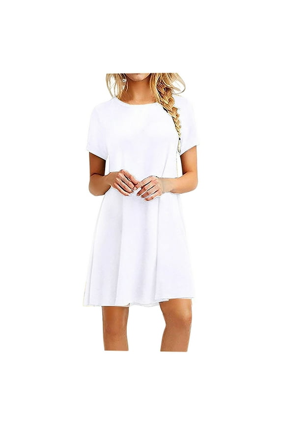 Summer Spring Casual Loose Mini T Shirt Sun Dress for Womens Under $10 Short Sleeve Plain Swing Flowy Petite Dresses Crew Neck Tunic Holiday Outfits Western Dress
