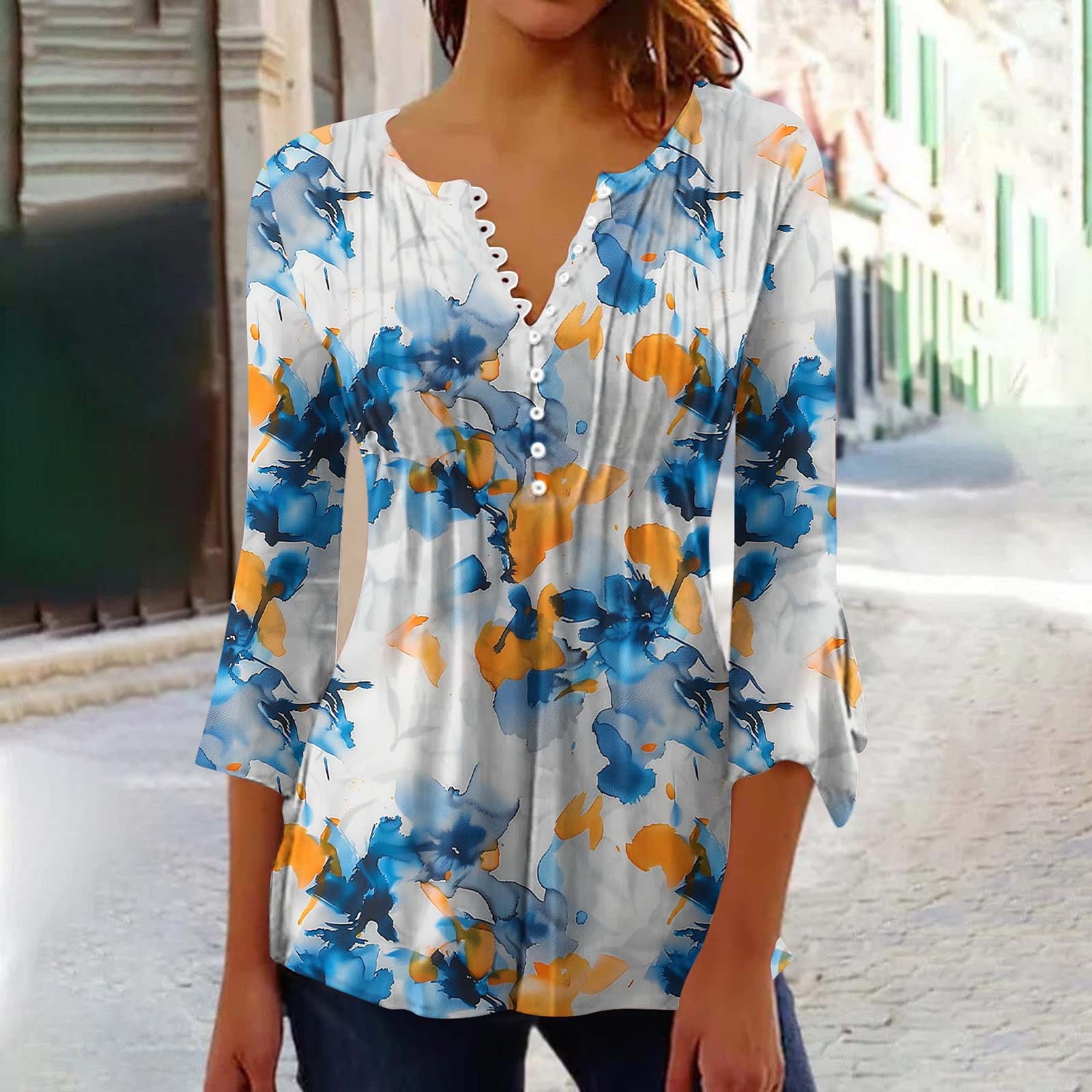 Women's Floral Print Short Sleeve Henley Blouse - V-Neck Pleated Tunic Top, Black, Size M - View #5