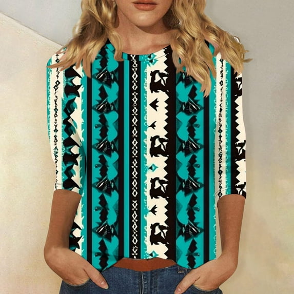 Cagogo Tee Shirts for Women Summer Tops Under $5 Loose Fitting 3/4 Length Sleeve Vintage Aztec Western Crewneck Ethnic Style Tunics Business Work Green Tshirts Outfits