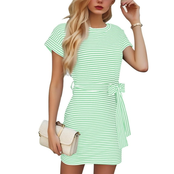 Cagogo Vacation Dresses for Women Summer Under $5 Plus Size Crewneck Short Sleeve Tie Waist Striped Short Mini T Shirt Sundress Going Out White Evening Dress