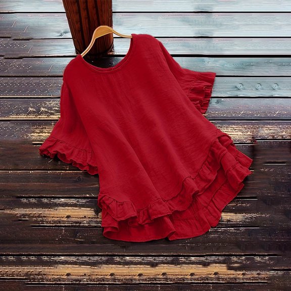 Cagogo Women Blouses Summer Tops Under $5 Plus Size Linen Cotton Short Sleeve Ruffle Round Neck Flowy Tunics Holiday Beach Green Tshirt Outfits
