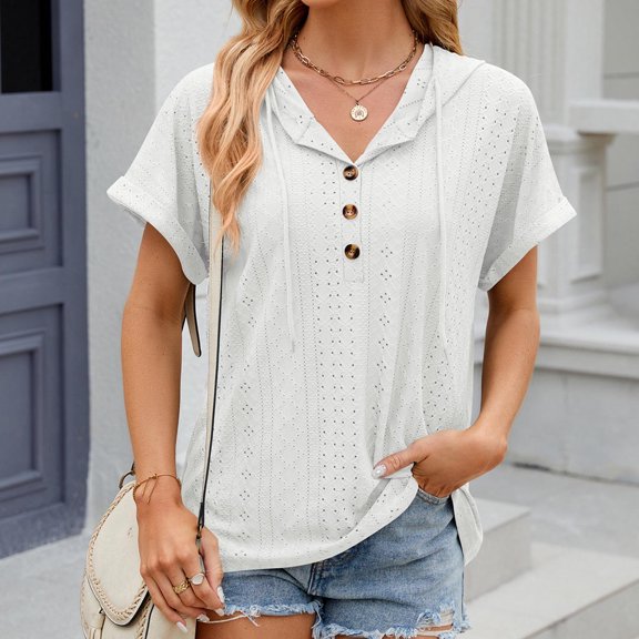 Cagogo Women Loose Fitting Tshirt Under $5 Summer Eyelet Short Sleeve Drawstring Hoodies Tshirts Button Front V Neck Going Out Tops Mothers Day Gifts
