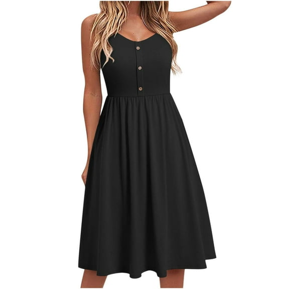 Cagogo Women Summer Flowy A-Line Button Swing Pleated Midi Sun Dresses Vacation Dresses Under $10 Casual Loose Spaghetti Straps Sleeveless Holiday Outfits Evening Dress