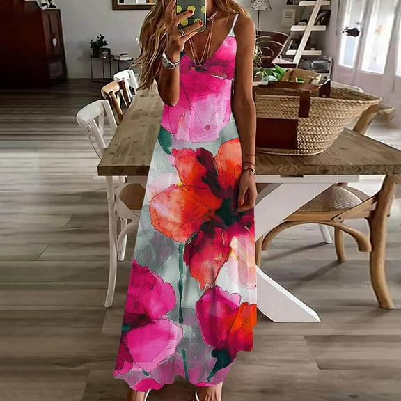 Cagogo Women Summer Spring Sleeveless Spaghetti Strap Party Dresses Under $10 Casual Floral Swing Flowy Maxi Long Cami Dress V Neck Elegant Black Formal Dresses
