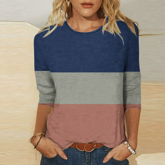 Cagogo Women Summer Tops Under $5 Plus Size 3/4 Length Sleeve Scoop Neck T-Shirts Striped Color Block Going Out Green T Shirts Clothes Mothers Day Gift
