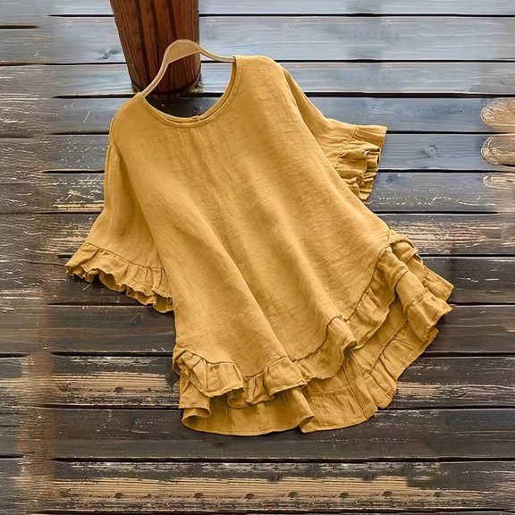 Cagogo Women's Loose Fit Short Sleeve Ruffle Tshirt Under $5 Summer Basic Tops Linen Cotton Round Neck Flowy T Shirt Business Work Green T-Shirts Clothes