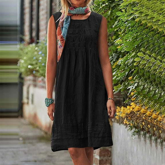 Cagogo Women's Plus Size Cap Sleeve Pleated Beach Party Dress Under $10 Summer Crew Neck Aline Tunic Cotton Linen Midi Dress Bohemian Black Vestidos de Verano para Mujer
